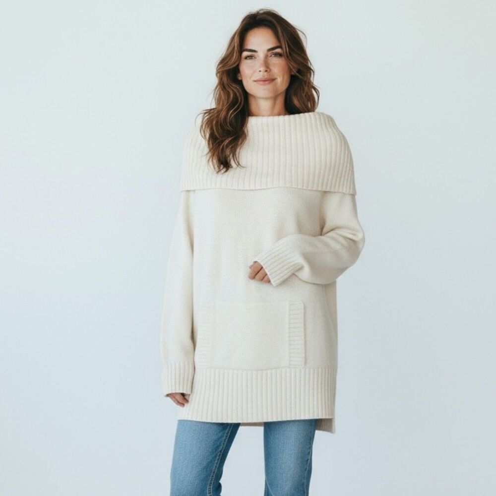 Vintage MODA International Ivory Cream Wool Blend Turtleneck Sweater Dress Sz L